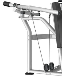 Silver metal gym gear perform series shoulder press with black padded handles and weight plates for home training