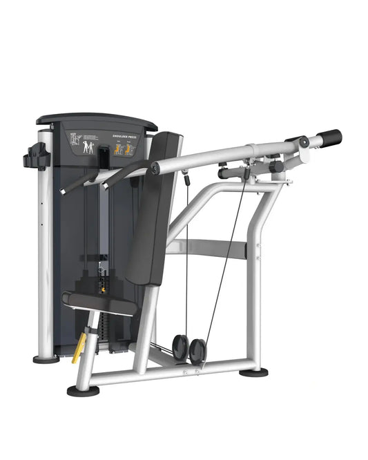 Gym Gear Perform Series silver and black shoulder press machine with padded seat adjustable handles and weight cables for home training