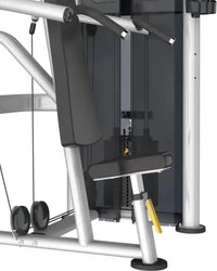 Gym Gear Perform Series shoulder press cable machine in silver and black with padded seat backrest and adjustable weights for home training