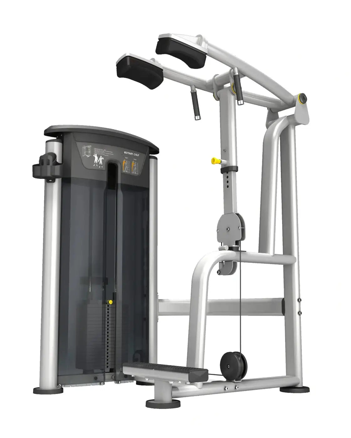 Silver and black cable crossover machine with sleek modern design from gym gear perform series standing calf for home fitness