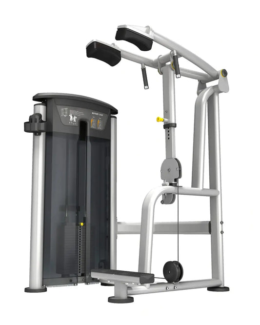 Silver and black cable crossover machine with sleek modern design from gym gear perform series standing calf for home fitness