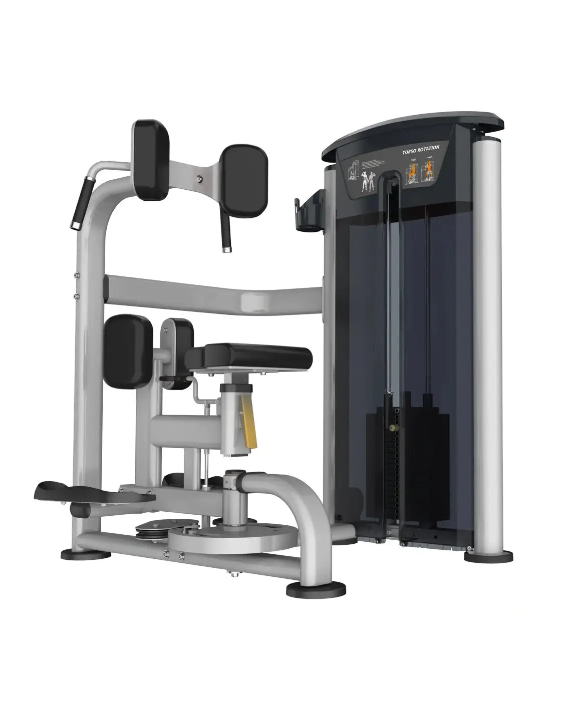 Silver and black gym gear perform series torso rotation machine with padded seat and weight stack for home training