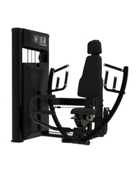Black commercial-grade chest press exercise machine with padded seat handles and digital display panel for home workout
