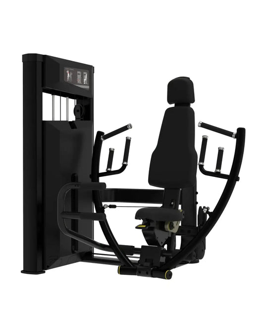 Black commercial-grade chest press exercise machine with padded seat handles and digital display panel for home workout