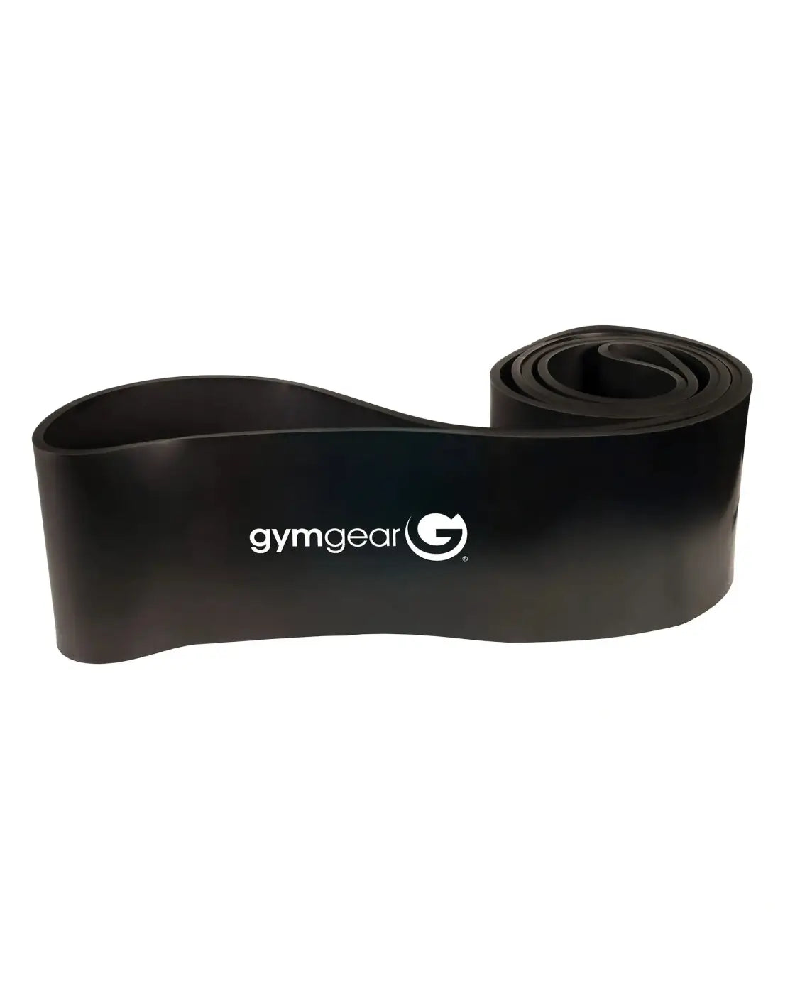 Black rubber resistance band with white gymgear logo and stylized g emblem from gym gear powerbands UK delivery