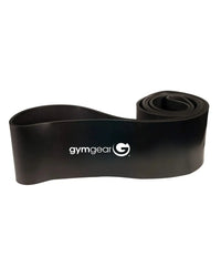Black rubber resistance band with white gymgear logo and stylized g emblem from gym gear powerbands UK delivery