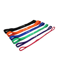 Set of six colorful gym gear powerbands resistance bands in black orange blue green purple and red for uk delivery