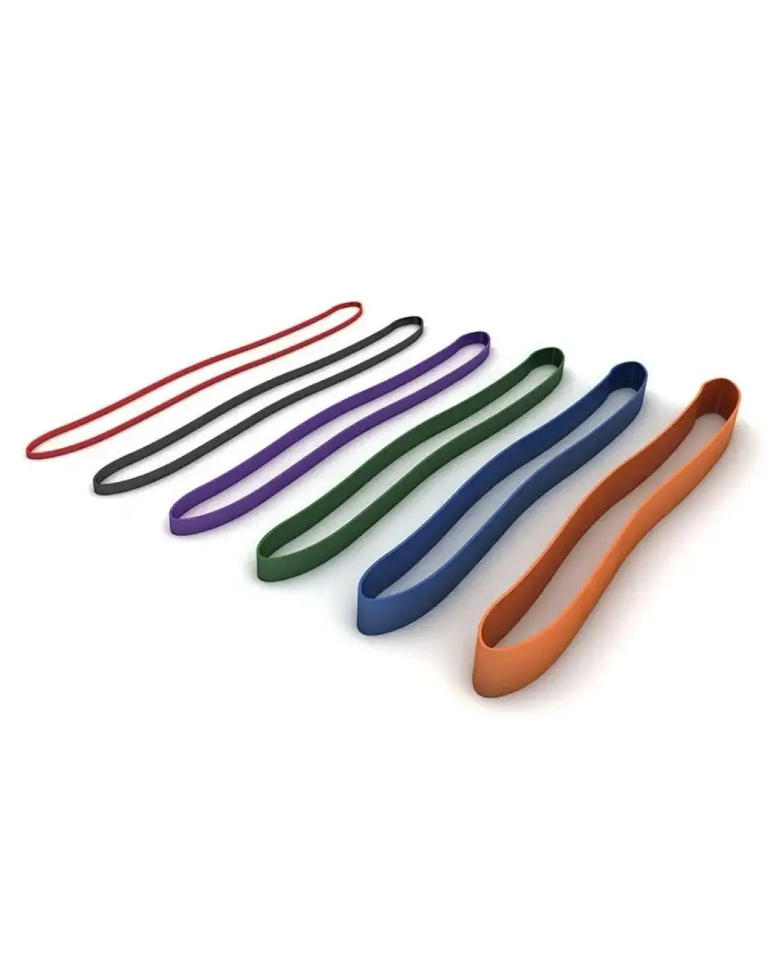A set of six colorful elastic rubber powerbands for gym gear arranged diagonally with uk delivery available
