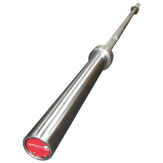 Silver gym gear premium Olympic barbell with red end cap and polished chrome finish for UK delivery