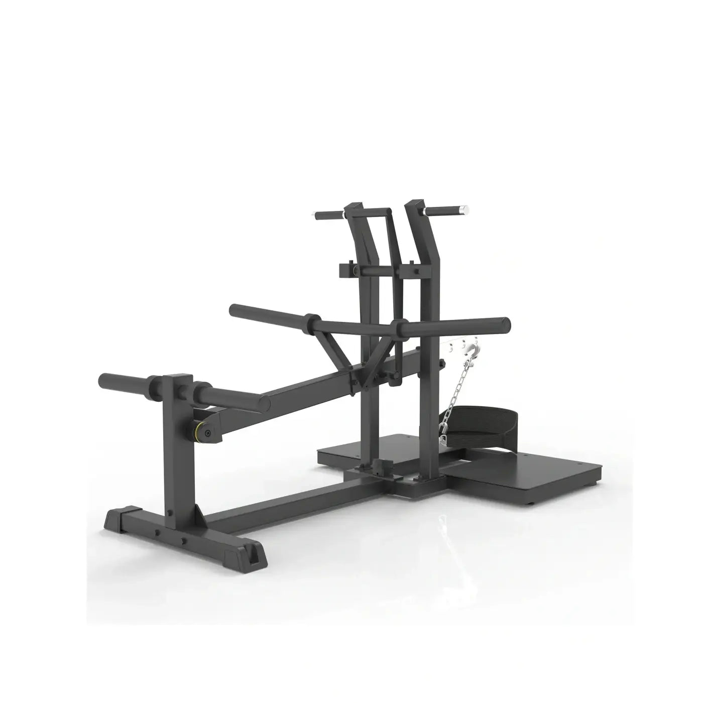 Black metal Gym Gear Pro plate loaded belt squat machine with adjustable foot platform and weight stack shown from back side