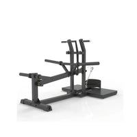 Black metal Gym Gear Pro plate loaded belt squat machine with adjustable foot platform and weight stack shown from back side