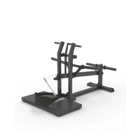 Gym Gear Pro plate loaded belt squat machine in black metal with adjustable weight plates and foot platform