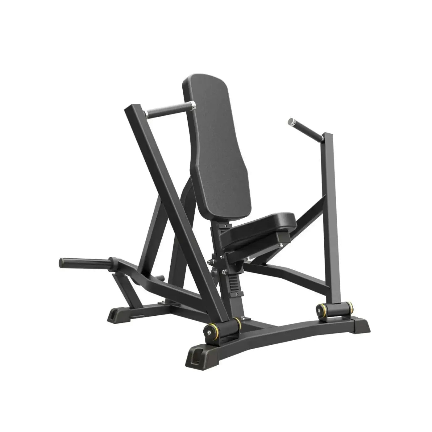 Gym gear pro plate loaded chest press machine in black metal with padded seat, adjustable handles, and yellow wheels