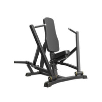 Gym gear pro plate loaded chest press machine in black metal with padded seat, adjustable handles, and yellow wheels
