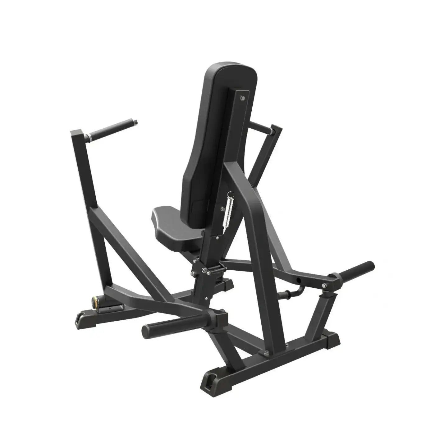 Gym Gear Pro plate loaded chest press machine with black metal frame and padded seat and backrest for strength training