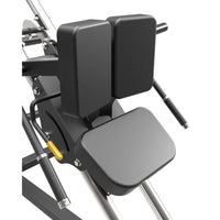 Black padded seat and backrest assembly with metallic frame of gym gear pro plate loaded hack squat machine back side
