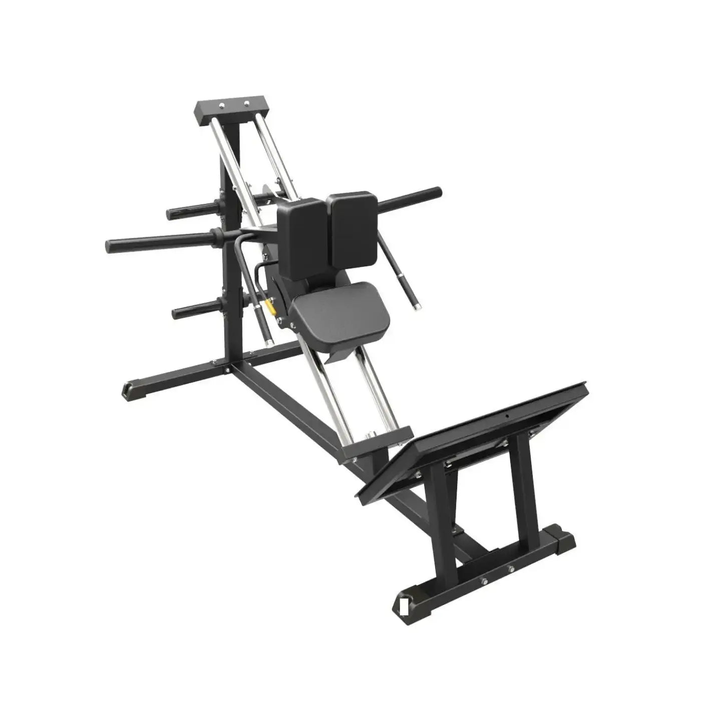 Black metal gym gear pro plate loaded hack squat machine with padded seat and backrest shown from the back side
