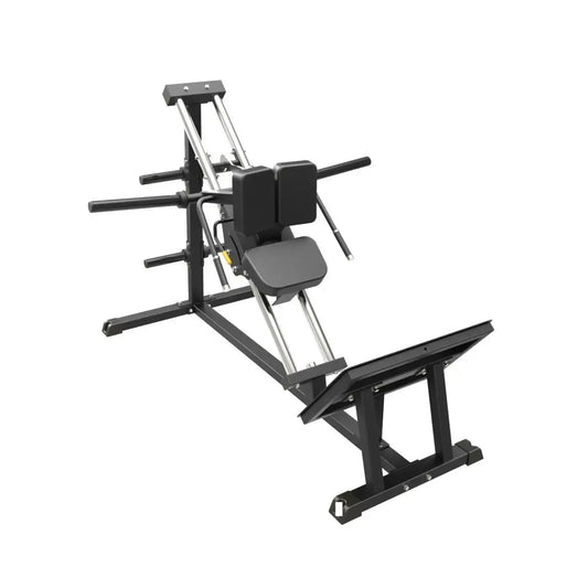 Black metal gym gear pro plate loaded hack squat machine with padded seat and backrest shown from the back side