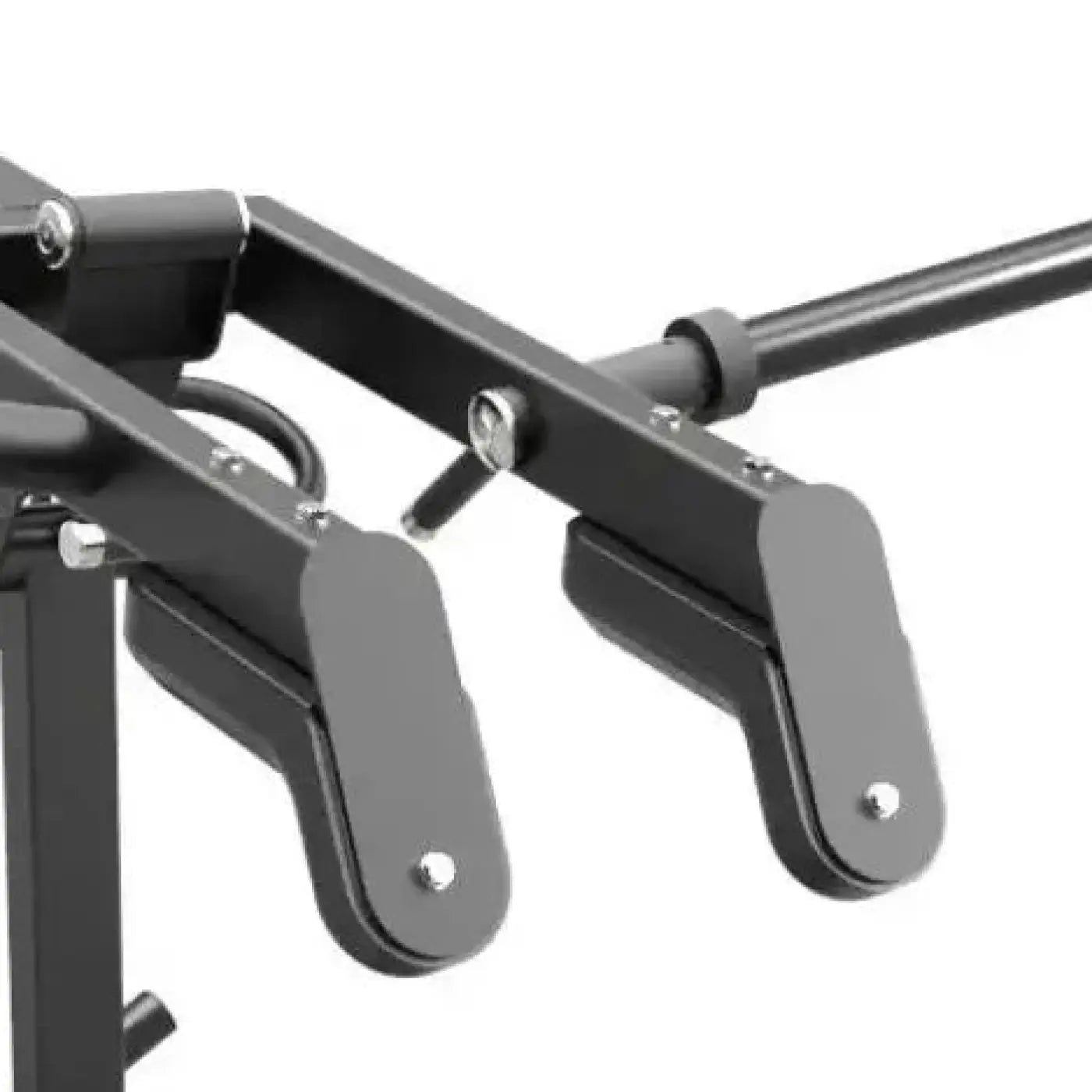 Black metal Gym Gear Pro plate loaded leverage squat and calf raise barbell rack with adjustable arms and silver bolts