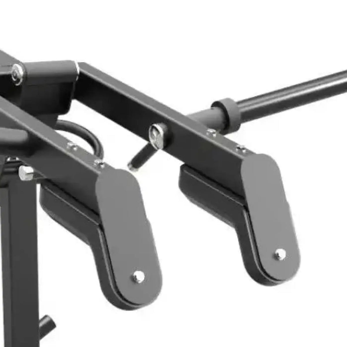 Black metal Gym Gear Pro plate loaded leverage squat and calf raise barbell rack with adjustable arms and silver bolts