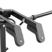 Black metal Gym Gear Pro plate loaded leverage squat and calf raise barbell rack with adjustable arms and silver bolts