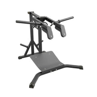 Black metal Gym Gear Pro plate loaded leverage squat calf raise rack with adjustable padded handles and flat platform base