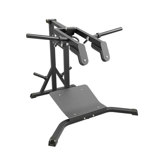 Black metal Gym Gear Pro plate loaded leverage squat calf raise rack with adjustable padded handles and flat platform base