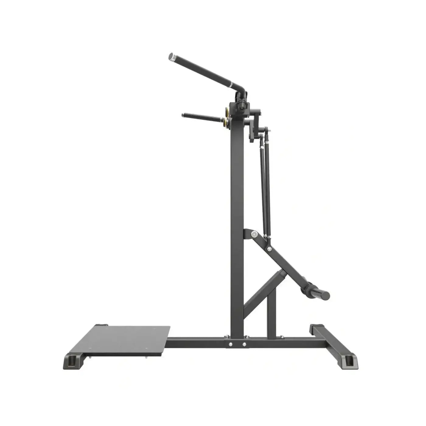 Black metal gym gear pro plate loaded standing chest fly weightlifting rack with adjustable barbell supports and flat base