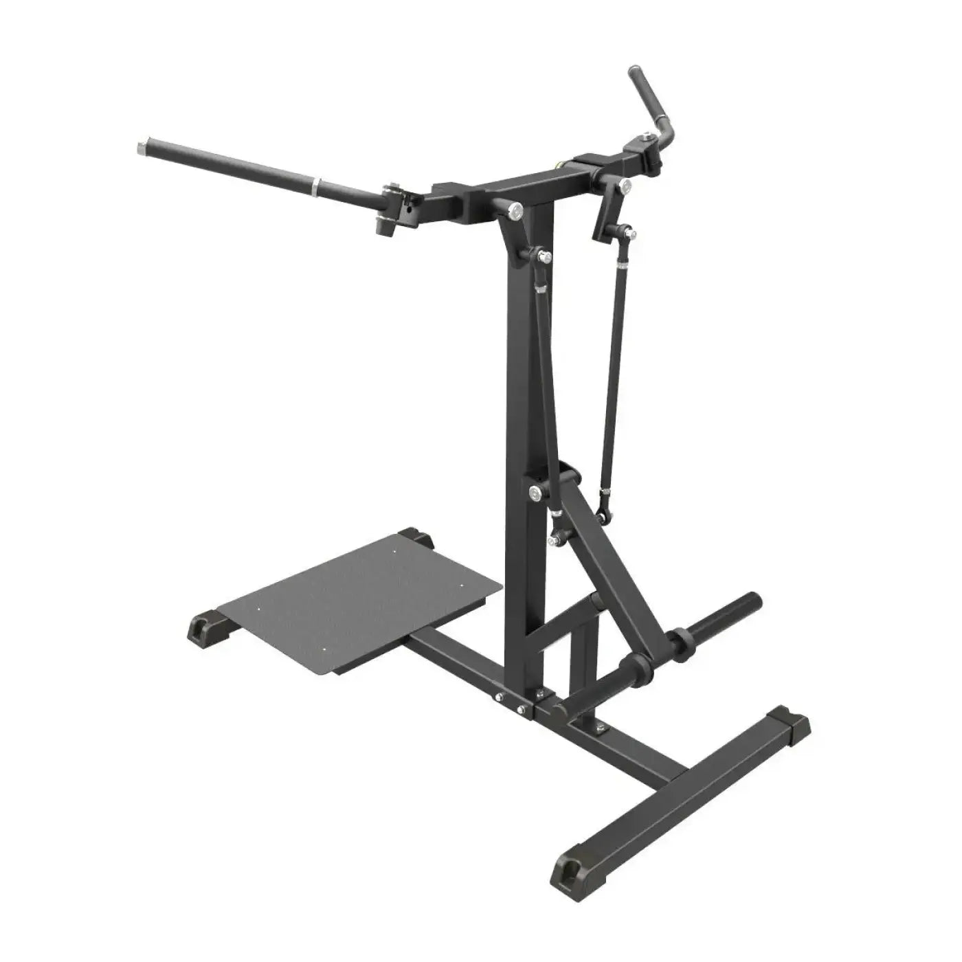 Black metal Gym Gear Pro plate loaded standing chest fly machine with adjustable leg press, flat platform and handlebars