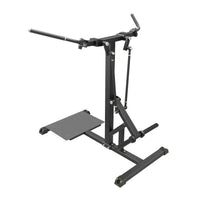 Black metal Gym Gear Pro plate loaded standing chest fly machine with adjustable leg press, flat platform and handlebars