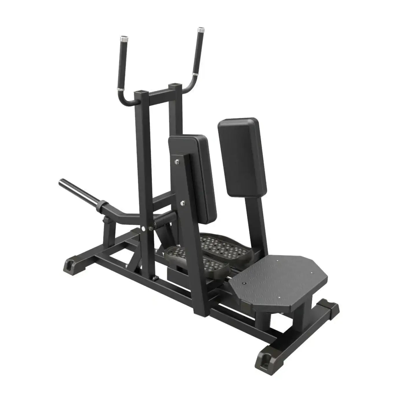 Black metal and plastic plate loaded standing hip abductor with adjustable backrest and foot platform by gym gear pro