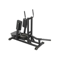Black metal gym gear pro plate loaded standing hip abductor with padded seat and foot platform shown from back side