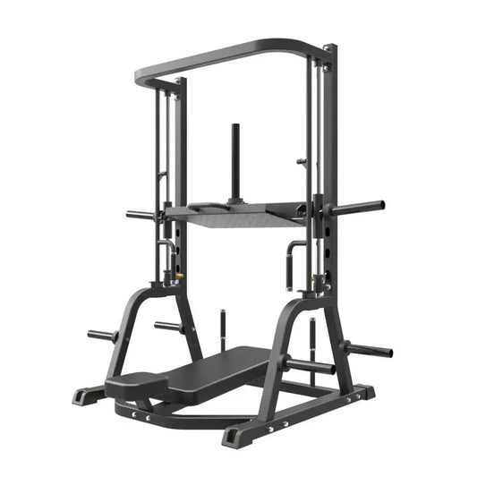 Black metal Gym Gear Pro plate loaded vertical leg press with adjustable weight platform and safety bars