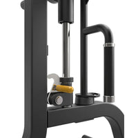 Black metal gym gear pro plate loaded vertical leg press machine with yellow handle and silver accents