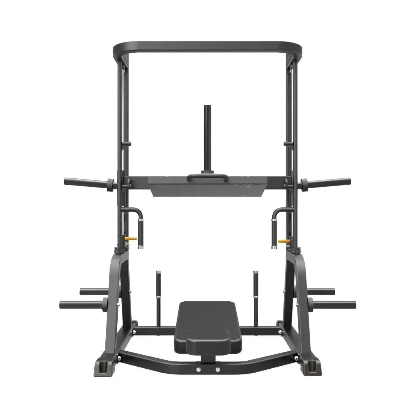 Black metal power rack with adjustable barbell supports and padded seat for gym gear pro plate loaded vertical leg press
