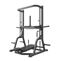 Black metal Gym Gear Pro plate loaded vertical leg press with adjustable weight platform and safety bars