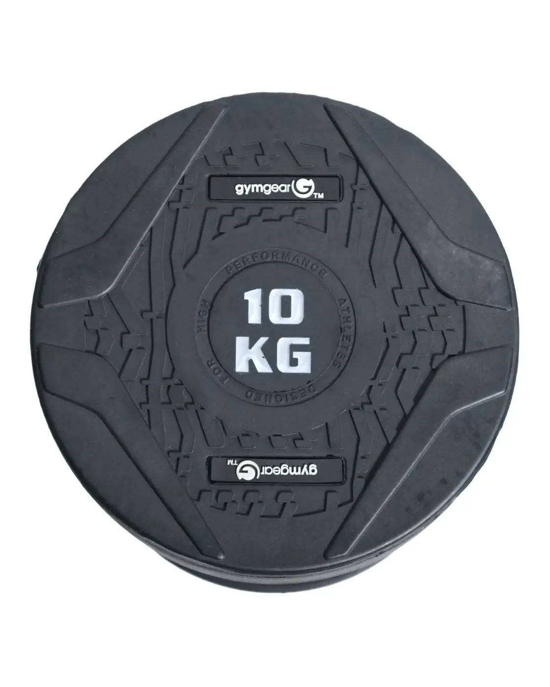 Black rubber 10 kg gym gear pro weight plate with textured grip and embossed branding for home fitness use