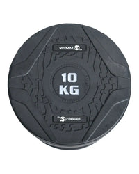 Black rubber 10 kg gym gear pro weight plate with textured grip and embossed branding for home fitness use