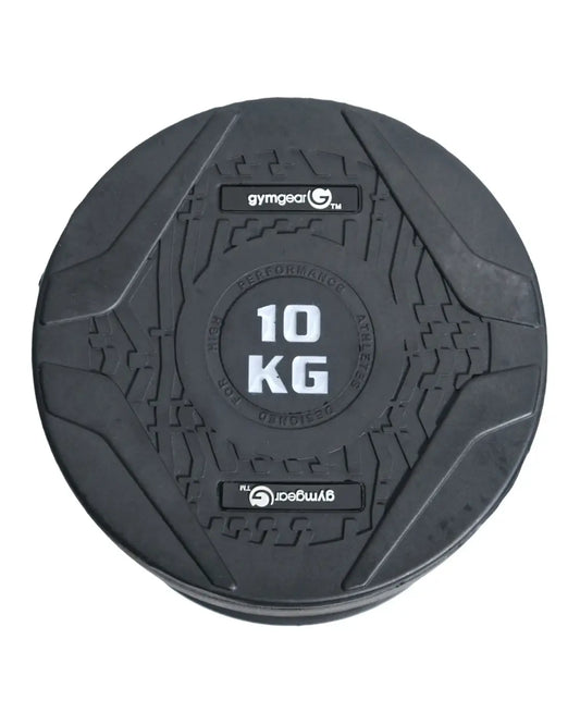 Black rubber 10 kg gym gear pro weight plate with textured grip and embossed branding for home fitness use