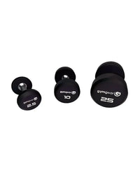 Black gymgear pro rubber dumbbells in 2.5 10 and 25 pounds with matte handles and silver metal centers for home fitness
