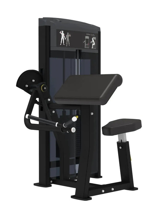 Black commercial-grade Gym Gear Pro Series bicep curl machine with padded seat and digital display panel UK delivery
