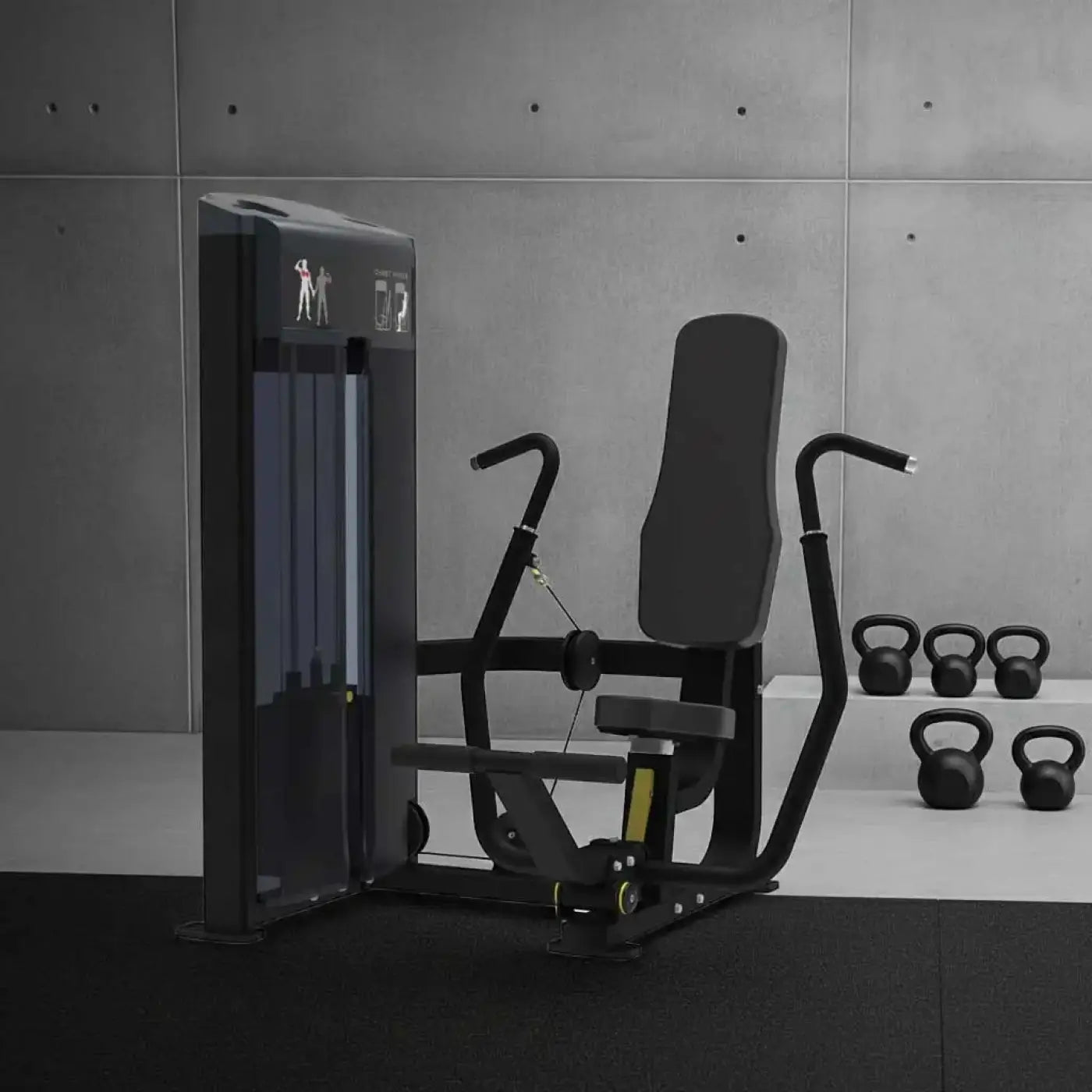 Gym Gear Pro Series chest press machine in black with adjustable weight stack and modern commercial-grade design