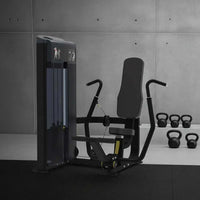 Gym Gear Pro Series chest press machine in black with adjustable weight stack and modern commercial-grade design