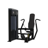 Black metal Gym Gear Pro Series chest press machine with padded seat, adjustable handles, and visible weight stack panel