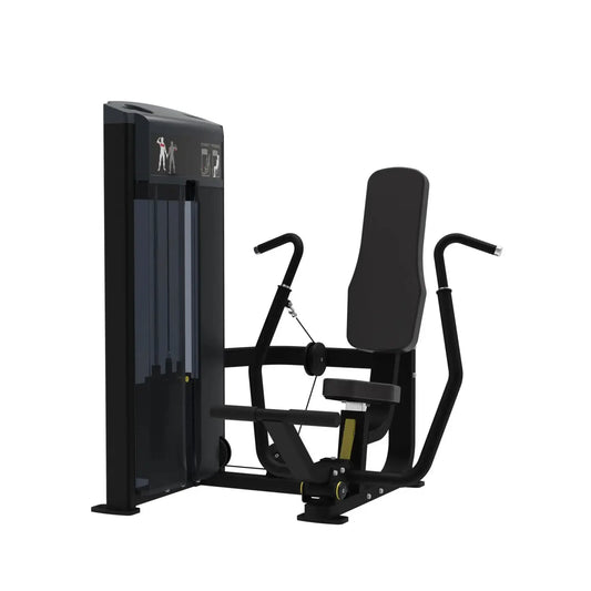 Black metal Gym Gear Pro Series chest press machine with padded seat, adjustable handles, and visible weight stack panel