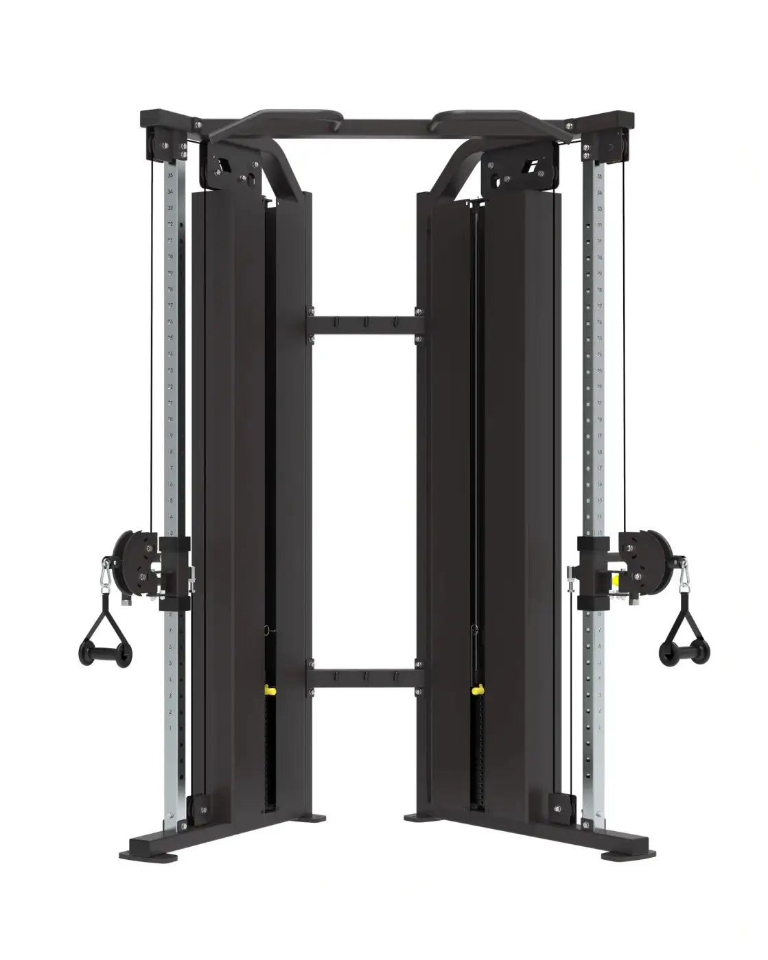 Gym Gear Pro Series dual adjustable pulley plus black cable machine with silver rods and black hand grips for home fitness