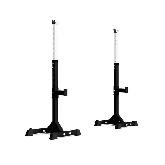 Black and white gym gear pro series independent squat stands with sturdy metal construction for adjustable lifting