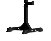 Black gym gear pro series weightlifting barbell with adjustable collars and matching plates for squat stands