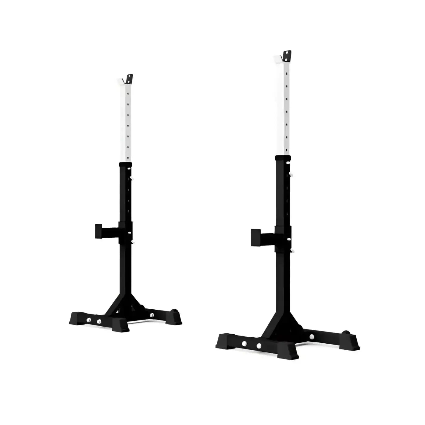 Black and white adjustable Gym Gear Pro Series independent squat stands with sturdy metal construction for weightlifting