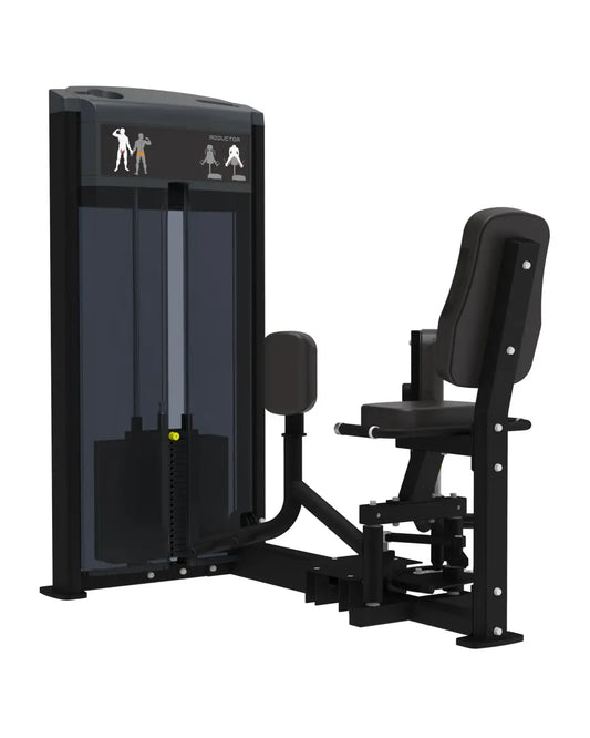 Gym Gear Pro Series inner thigh machine in black metal and plastic with padded seat and digital exercise display panel